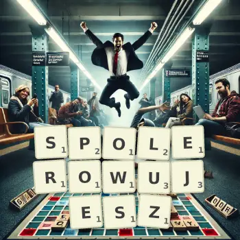 Kreatywna ilustracja do gry w Scrabble ze słowem SPOLEROWUJESZ ułożonym z płytek na planszy.