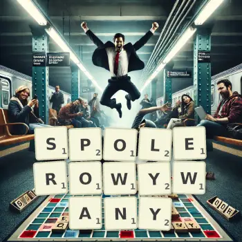 Kreatywna ilustracja do gry w Scrabble ze słowem SPOLEROWYWANY ułożonym z płytek na planszy.