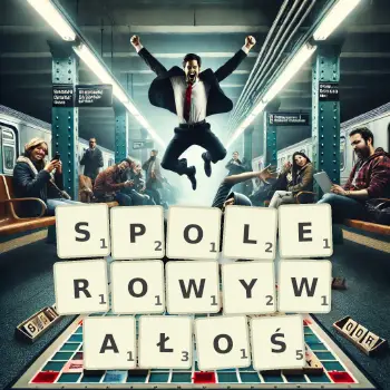 Kreatywna ilustracja do gry w Scrabble ze słowem SPOLEROWYWAŁOŚ ułożonym z płytek na planszy.