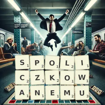 Kreatywna ilustracja do gry w Scrabble ze słowem SPOLICZKOWANEMU ułożonym z płytek na planszy.