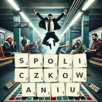 Kreatywna ilustracja do gry w Scrabble ze słowem SPOLICZKOWANIU ułożonym z płytek na planszy.