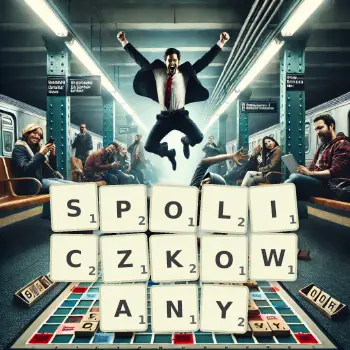Kreatywna ilustracja do gry w Scrabble ze słowem SPOLICZKOWANY ułożonym z płytek na planszy.