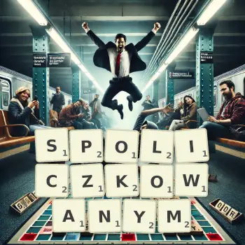 Kreatywna ilustracja do gry w Scrabble ze słowem SPOLICZKOWANYM ułożonym z płytek na planszy.