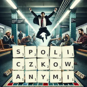 Kreatywna ilustracja do gry w Scrabble ze słowem SPOLICZKOWANYMI ułożonym z płytek na planszy.