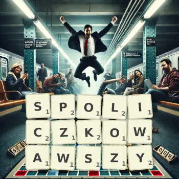 Kreatywna ilustracja do gry w Scrabble ze słowem SPOLICZKOWAWSZY ułożonym z płytek na planszy.