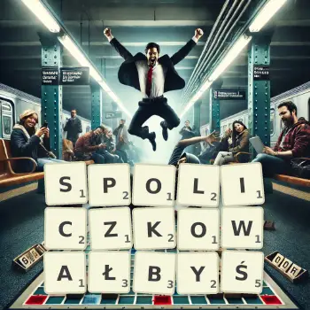 Kreatywna ilustracja do gry w Scrabble ze słowem SPOLICZKOWAŁBYŚ ułożonym z płytek na planszy.