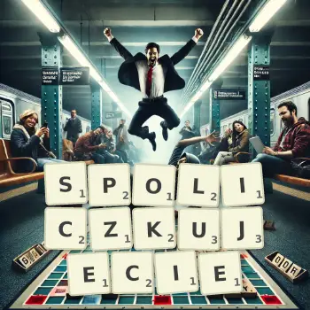 Kreatywna ilustracja do gry w Scrabble ze słowem SPOLICZKUJECIE ułożonym z płytek na planszy.