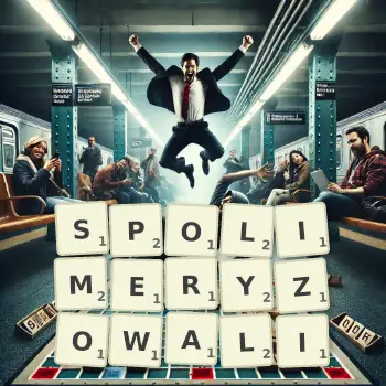 Kreatywna ilustracja do gry w Scrabble ze słowem SPOLIMERYZOWALI ułożonym z płytek na planszy.