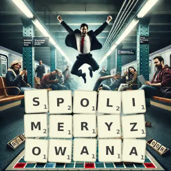 Kreatywna ilustracja do gry w Scrabble ze słowem SPOLIMERYZOWANA ułożonym z płytek na planszy.