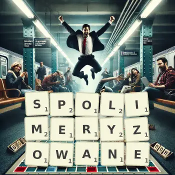 Kreatywna ilustracja do gry w Scrabble ze słowem SPOLIMERYZOWANE ułożonym z płytek na planszy.