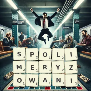 Kreatywna ilustracja do gry w Scrabble ze słowem SPOLIMERYZOWANI ułożonym z płytek na planszy.