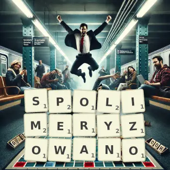 Kreatywna ilustracja do gry w Scrabble ze słowem SPOLIMERYZOWANO ułożonym z płytek na planszy.