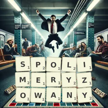 Kreatywna ilustracja do gry w Scrabble ze słowem SPOLIMERYZOWANY ułożonym z płytek na planszy.