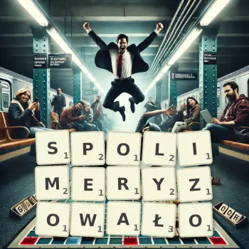 Kreatywna ilustracja do gry w Scrabble ze słowem SPOLIMERYZOWAŁO ułożonym z płytek na planszy.