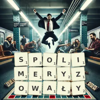 Kreatywna ilustracja do gry w Scrabble ze słowem SPOLIMERYZOWAŁY ułożonym z płytek na planszy.