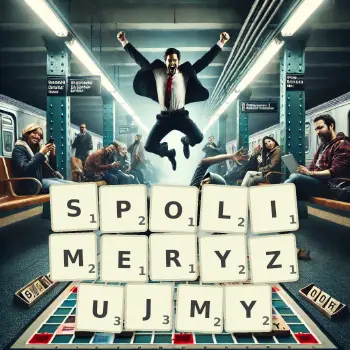 Kreatywna ilustracja do gry w Scrabble ze słowem SPOLIMERYZUJMY ułożonym z płytek na planszy.