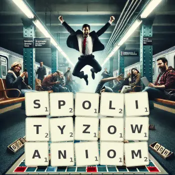 Kreatywna ilustracja do gry w Scrabble ze słowem SPOLITYZOWANIOM ułożonym z płytek na planszy.