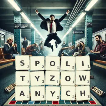 Kreatywna ilustracja do gry w Scrabble ze słowem SPOLITYZOWANYCH ułożonym z płytek na planszy.