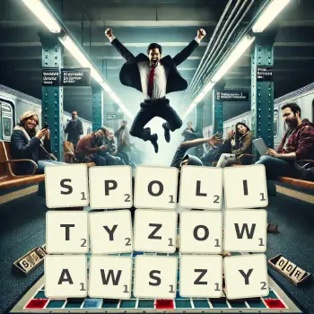 Kreatywna ilustracja do gry w Scrabble ze słowem SPOLITYZOWAWSZY ułożonym z płytek na planszy.