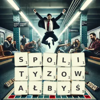 Kreatywna ilustracja do gry w Scrabble ze słowem SPOLITYZOWAŁBYŚ ułożonym z płytek na planszy.