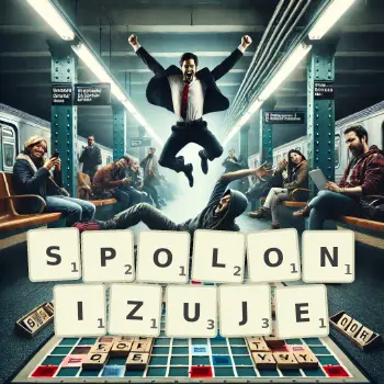 Kreatywna ilustracja do gry w Scrabble ze słowem SPOLONIZUJE ułożonym z płytek na planszy.