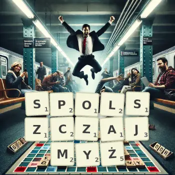 Kreatywna ilustracja do gry w Scrabble ze słowem SPOLSZCZAJMYŻ ułożonym z płytek na planszy.