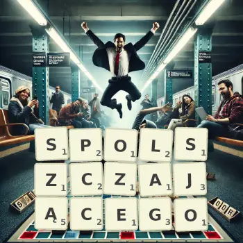 Kreatywna ilustracja do gry w Scrabble ze słowem SPOLSZCZAJĄCEGO ułożonym z płytek na planszy.