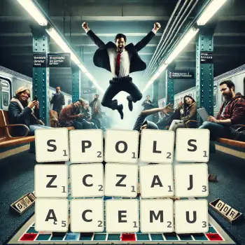 Kreatywna ilustracja do gry w Scrabble ze słowem SPOLSZCZAJĄCEMU ułożonym z płytek na planszy.