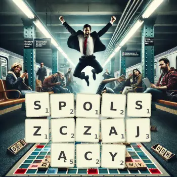 Kreatywna ilustracja do gry w Scrabble ze słowem SPOLSZCZAJĄCY ułożonym z płytek na planszy.