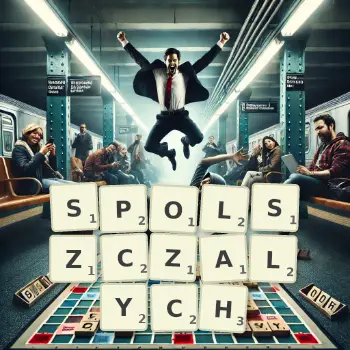 Kreatywna ilustracja do gry w Scrabble ze słowem SPOLSZCZALYCH ułożonym z płytek na planszy.