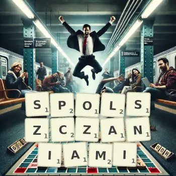 Kreatywna ilustracja do gry w Scrabble ze słowem SPOLSZCZANIAMI ułożonym z płytek na planszy.