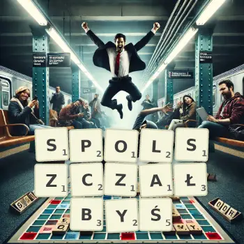 Kreatywna ilustracja do gry w Scrabble ze słowem SPOLSZCZAŁBYŚ ułożonym z płytek na planszy.