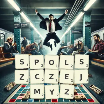 Kreatywna ilustracja do gry w Scrabble ze słowem SPOLSZCZEJMYZ ułożonym z płytek na planszy.