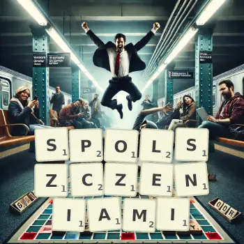 Kreatywna ilustracja do gry w Scrabble ze słowem SPOLSZCZENIAMI ułożonym z płytek na planszy.