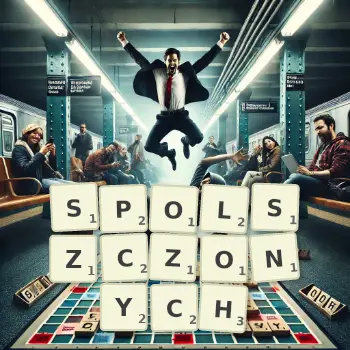 Kreatywna ilustracja do gry w Scrabble ze słowem SPOLSZCZONYCH ułożonym z płytek na planszy.