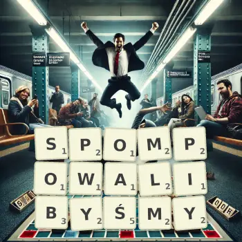 Kreatywna ilustracja do gry w Scrabble ze słowem SPOMPOWALIBYŚMY ułożonym z płytek na planszy.