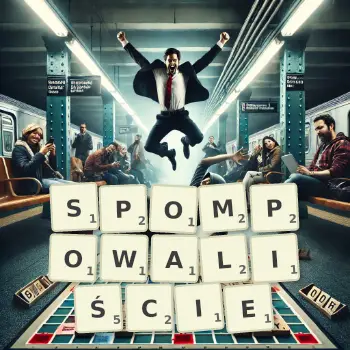 Kreatywna ilustracja do gry w Scrabble ze słowem SPOMPOWALIŚCIE ułożonym z płytek na planszy.