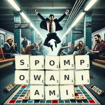 Kreatywna ilustracja do gry w Scrabble ze słowem SPOMPOWANIAMI ułożonym z płytek na planszy.