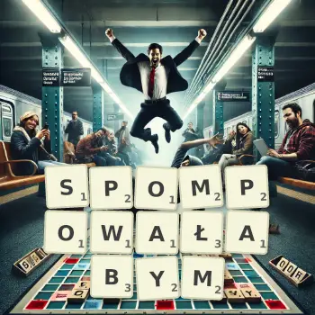 Kreatywna ilustracja do gry w Scrabble ze słowem SPOMPOWAŁABYM ułożonym z płytek na planszy.