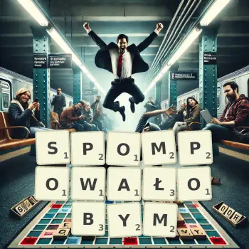 Kreatywna ilustracja do gry w Scrabble ze słowem SPOMPOWAŁOBYM ułożonym z płytek na planszy.