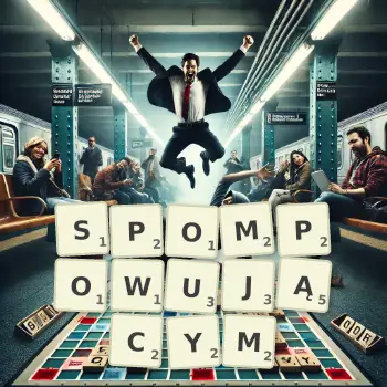 Kreatywna ilustracja do gry w Scrabble ze słowem SPOMPOWUJĄCYM ułożonym z płytek na planszy.
