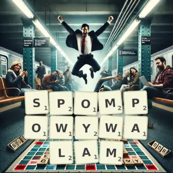 Kreatywna ilustracja do gry w Scrabble ze słowem SPOMPOWYWALAM ułożonym z płytek na planszy.