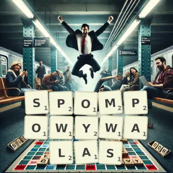 Kreatywna ilustracja do gry w Scrabble ze słowem SPOMPOWYWALAS ułożonym z płytek na planszy.