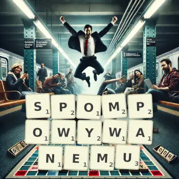 Kreatywna ilustracja do gry w Scrabble ze słowem SPOMPOWYWANEMU ułożonym z płytek na planszy.