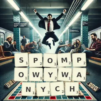 Kreatywna ilustracja do gry w Scrabble ze słowem SPOMPOWYWANYCH ułożonym z płytek na planszy.