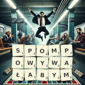 Kreatywna ilustracja do gry w Scrabble ze słowem SPOMPOWYWAŁABYM ułożonym z płytek na planszy.