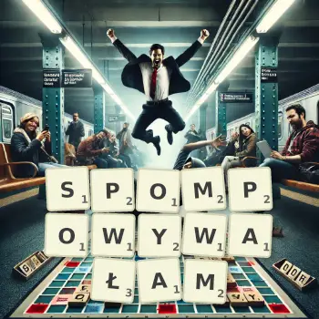 Kreatywna ilustracja do gry w Scrabble ze słowem SPOMPOWYWAŁAM ułożonym z płytek na planszy.