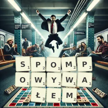 Kreatywna ilustracja do gry w Scrabble ze słowem SPOMPOWYWAŁEM ułożonym z płytek na planszy.