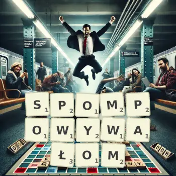 Kreatywna ilustracja do gry w Scrabble ze słowem SPOMPOWYWAŁOM ułożonym z płytek na planszy.
