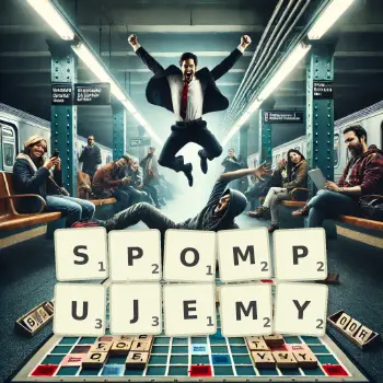 Kreatywna ilustracja do gry w Scrabble ze słowem SPOMPUJEMY ułożonym z płytek na planszy.